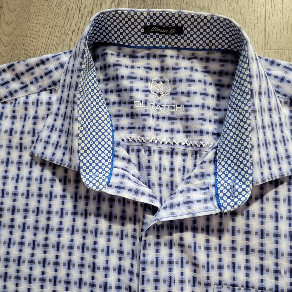 Bugatchi Uomo White And Blue Patterned Button Dow… - image 3